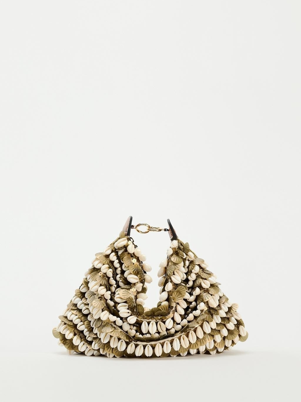 Zara Olive and Cream Shell-Embellished Hobo Bag
